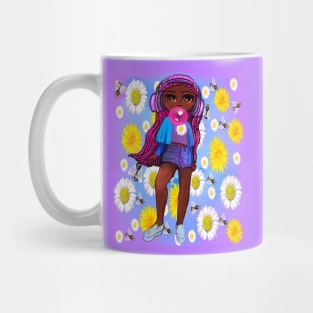 Beautiful Brown skin African American girl with Afro hair in 4 puffs blowing bubblegum and wearing headphones listening to music. Black girls rock, black girl magic,melanin poppin queen anime girl drawn in manga style Mug